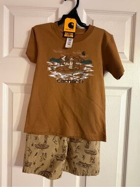 Carhartt 2pc Brown/Beige Dog Boat Animal Print Tee & Overalls Set Pockets Sz 3T